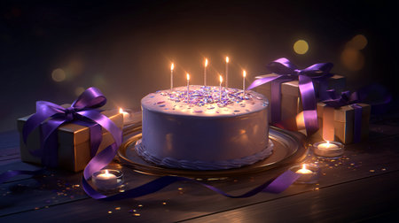 Create magical moments with a stunning birthday cake and beautifully wrapped gifts. Perfect for invitations, cards, and backdrops. Make celebrations truly unforgettableの素材