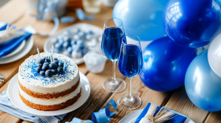 Celebrate special moments with a delicious blueberry cake, sparkling drinks, and festive blue decorations, creating joyous memories with friends and family.の素材