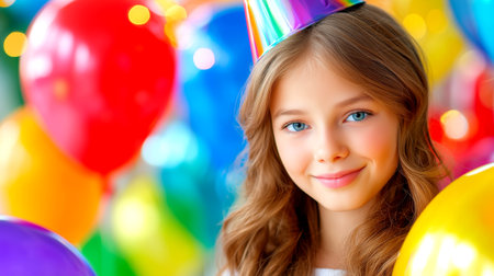 Celebrate joyful innocence! A beautiful young girl's birthday party glows with happiness, surrounded by vibrant balloons. Perfect for cheerful, youthful campaigns.の素材