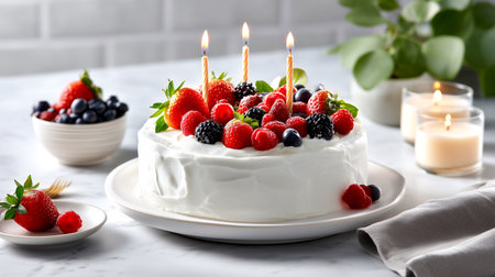 Delicious berry birthday cake with candles creates a bright, inviting, and heartwarming feeling perfect for special occasions and celebrations in a kitchen setting.の素材