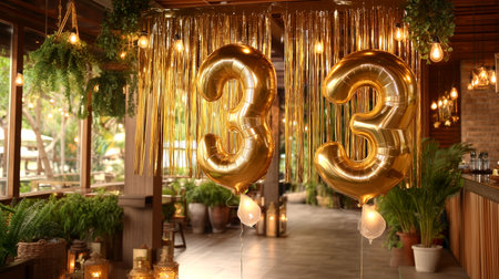 Festive golden '33' balloons create a joyful ambiance, perfect for celebrating birthdays, anniversaries, or any special 33-year milestone with elegance and style.の素材
