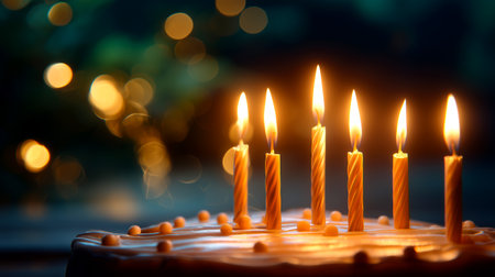 Capture the magic of any celebration with this warm, inviting scene of lit birthday candles aglow on a frosted cake, evoking joy and sweet wishes.の素材