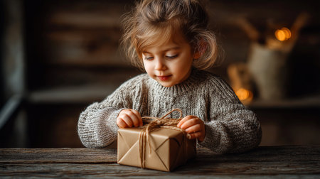 Capture pure childhood delight as a little girl unwraps a special gift, her face alight with wonder and excitement. Perfect for holiday campaigns, heartwarming stories, and conveying joy.の素材