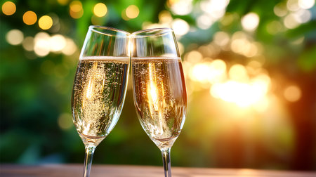 Capture the spirit of celebration with this stunning toast featuring champagne bubbles shimmering in warm sunlight. Perfect for events, holidays, and moments of joy.の素材