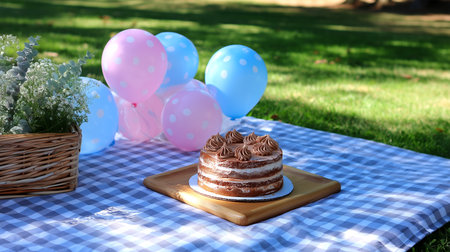 Celebrate life's sweetest moments with this charming outdoor picnic scene featuring a decadent chocolate cake and festive pastel balloons, perfect for birthdays or baby showers.の素材