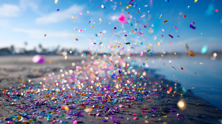 Experience pure joy as vibrant confetti rains down on a sun-drenched beach, creating an unforgettable, festive scene for any celebration.の素材