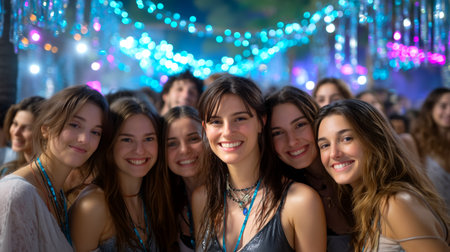 Experience the infectious energy of youth and friendship at a vibrant festival, bathed in dazzling bokeh lights. This scene radiates pure joy, connection, and carefree celebration.の素材