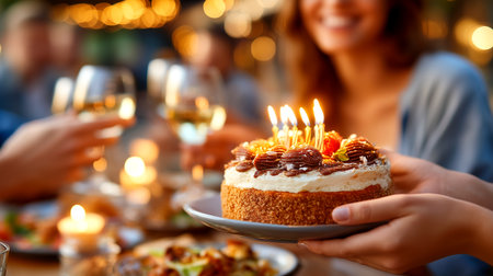 Capture the magic of cherished moments with this beautifully lit birthday cake, perfect for conveying warmth, joy, and celebratory spirit. Ideal for lifestyle, events, and family content.の素材