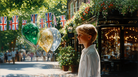Capture the spirit of a vibrant British street celebration with this heartwarming scene of a young boy amidst Union Jack flags and festive balloons. Perfect for conveying joy, community, and national pride.の素材