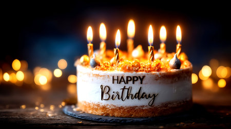 Ignite the joy of any celebration with this exquisite birthday cake, featuring glowing candles and a dreamy bokeh backdrop, perfect for capturing those precious, unforgettable moments.の素材