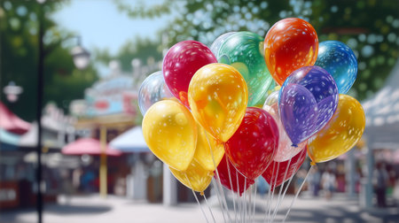 Capture pure delight with a vibrant bunch of colorful balloons floating against a softly blurred park backdrop, perfect for conveying celebration and carefree fun.の素材
