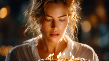 Experience the magic of a wish as a beautiful woman gently blows out candles, radiating hope and pure joy. This intimate moment captures the essence of celebration and anticipation, perfect for conveying heartfelt emotions and festive occasions.の素材