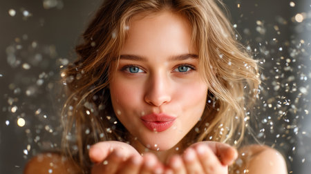 Experience pure delight with this stunning close-up of a young woman blowing golden confetti. Her vibrant blue eyes and radiant smile capture the essence of joyful celebration and magical moments.の素材