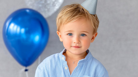 Capture pure joy with this heartwarming portrait of a blond toddler boy in a party hat, radiating happiness and excitement for a special celebration, perfect for invitations, cards, and festive themes.の素材