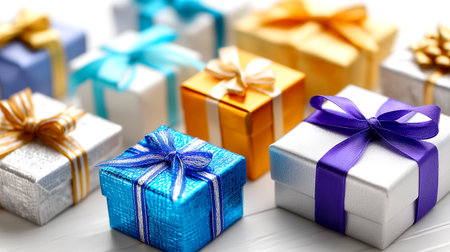 Spark joy and anticipation with this stunning array of colorful, elegantly wrapped gift boxes, ideal for conveying excitement and celebration.の素材