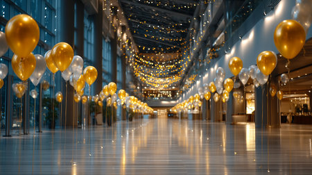 Capture the magic of grand occasions with this stunning scene of elegant gold and silver balloons gracing a modern hall, illuminated by enchanting fairy lights. Perfect for corporate events, celebrations, and luxury parties.の素材