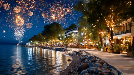 Experience the magic of a seaside celebration with dazzling fireworks painting the night sky over a bustling resort, creating an unforgettable atmosphere.の素材