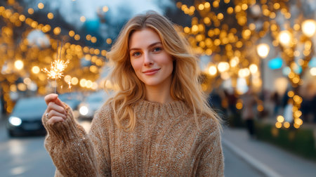 Capture pure joy with this radiant woman holding a sparkler against a backdrop of twinkling city lights. Perfect for holiday campaigns, event promotions, or lifestyle content conveying warmth and celebration.の素材