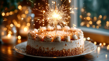 Capture the magic of any celebration with this stunning cake, crowned by a dazzling sparkler. Warm bokeh lights create an inviting, festive atmosphere perfect for creating unforgettable memories.の素材
