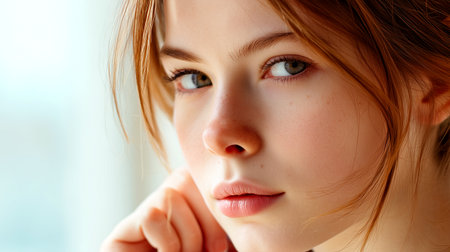 Intimate portrait of a naturally beautiful young woman. Ideal for beauty, skincare, or lifestyle brands seeking authentic and engaging visuals that resonate.の素材