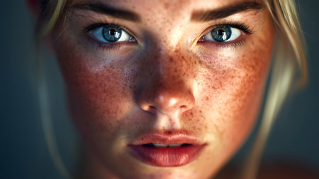 Intimate close-up captures a beautiful freckled woman's radiant skin and captivating blue eyes. Evokes natural beauty, confidence, and youthful elegance for skincare ads.の素材