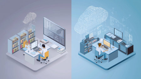 Professional isometric design showcasing futuristic car development with AI. Perfect for technology, automotive, engineering, and innovative transportation projects.の素材
