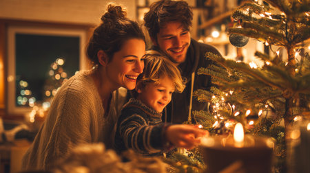 Cherish the season! A loving family creates lasting memories decorating their Christmas tree, bathed in the warm glow of holiday lights and love.の素材