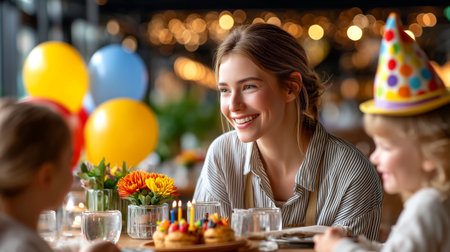 Capture the heartwarming magic of a child's birthday celebration. This scene radiates pure joy, family love, and festive cheer with colorful balloons, a delightful cake, and a beaming woman. Perfect for conveying cherished moments and special occasions.の素材