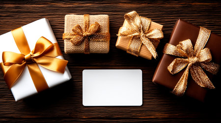 Wrapped gift boxes with golden ribbons on a rustic wooden surface create an elegant and festive mood. A blank card provides space for a personalized message or invitation.の素材