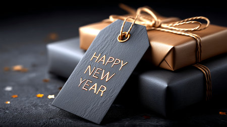Elegant gifts wrapped in luxurious gold and black, adorned with a Happy New Year tag. Perfect for holiday promotions, festive greetings, corporate gifts, or adding a touch of sophistication to your designs.の素材