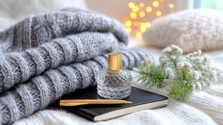 Experience ultimate comfort and luxury with this elegant scene. A beautiful perfume bottle rests beside a plush knit blanket, notebook, and golden pen, perfect for evoking warmth and sophistication.の素材