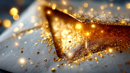 Captivating close-up reveals shimmering gold particles and soft bokeh lights, evoking luxury, celebration, and festive joy. Ideal for premium brands and holiday themes.の素材