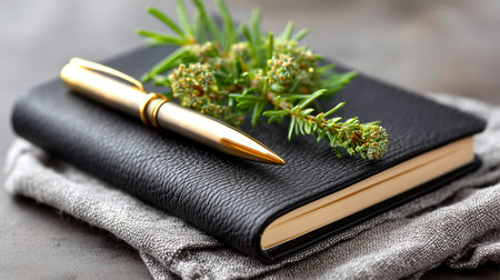 Inspire your next great idea with this luxurious black journal and elegant gold pen. A perfect symbol for creativity, planning, and professional pursuits, evoking a sense of sophistication and focus.の素材