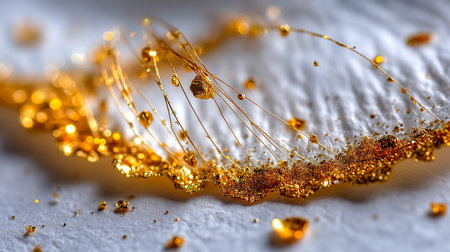 Experience the rich allure of glittering gold threads and particles in a stunning macro view, evoking luxury and festivity. Perfect for elegant designs and celebratory backdrops.の素材