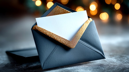 An elegant dark blue envelope with dazzling gold sparkle trim opens to reveal a crisp white card, inviting your personal message. Perfect for luxury invitations, exclusive announcements, or heartfelt greetings.の素材