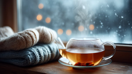 Embrace winter's chill with a steaming cup of tea, nestled beside soft knitwear. This cozy scene by a frosted window evokes ultimate comfort and hygge, perfect for seasonal promotions or lifestyle content.の素材