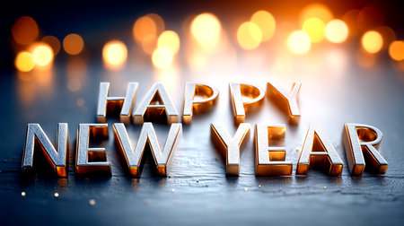 Ring in the new year with this elegant metallic lettering, illuminated by warm bokeh lights. Ideal for festive invitations, seasonal promotions, and celebratory designs.の素材