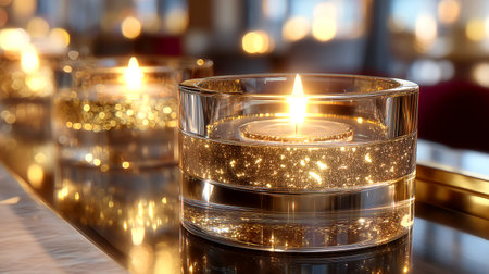 Experience the enchanting glow of golden candlelight, creating a warm, luxurious ambiance for romantic moments or sophisticated celebrations. Perfect for adding elegance and comfort to any special occasion.の素材