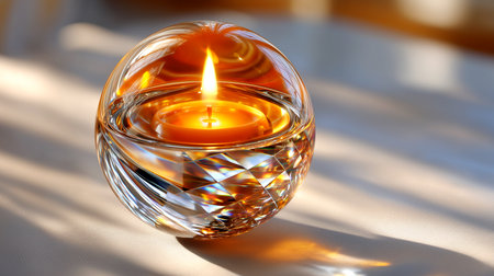 Experience the captivating glow of a warm candle within a dazzling crystal holder, casting enchanting light and creating a serene ambiance for moments of peace, reflection, and luxurious relaxation.の素材