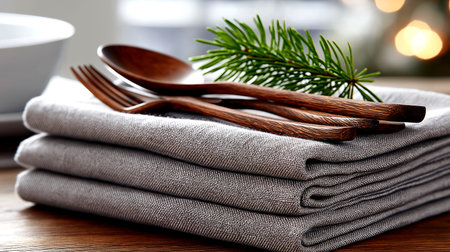 Experience refined dining with this close-up of elegant wooden cutlery artfully arranged on folded linen napkins, a fresh pine sprig adding a natural touch.の素材