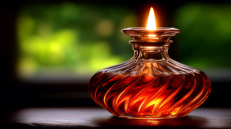 Experience tranquil warmth with this exquisite glass oil lamp, its amber liquid glowing under a soft flame. Perfect for creating serene ambiance, spa settings, or moments of peaceful contemplation.の素材