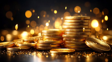 Gleaming gold coins stacked high, bathed in warm bokeh lights, representing ultimate wealth, financial success, and prosperous opportunities. Perfect for business, investment, and luxury themes.の素材