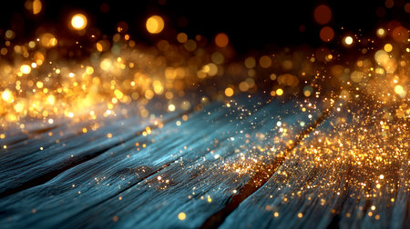 Captivating scene of shimmering golden bokeh lights illuminating rustic wooden planks, evoking a magical, celebratory, and festive mood perfect for holiday promotions and special event themes.の素材
