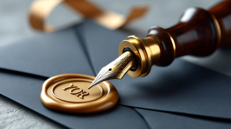 Experience timeless elegance with a gold quill pen sealing a dark envelope, perfect for conveying authority, tradition, and exclusive invitations. Elevate your important messages.の素材