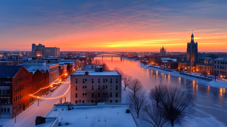 Experience the breathtaking beauty of a winter sunrise illuminating a snow-kissed city skyline and frozen river. Vibrant hues paint the sky, casting a warm glow on urban architecture and bridges, creating a serene and picturesque atmosphere.の素材