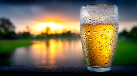 Experience pure refreshment with a frosty beer glass bathed in the warm glow of a sunset. Perfect for advertising drinks, leisure, or evoking a sense of calm enjoyment.の素材