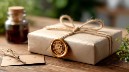Discover the charm of this beautifully wrapped gift, featuring rustic kraft paper, natural jute twine, and a distinguished golden wax seal. Elevate your brand's message or personal touch with this sophisticated presentation.の素材