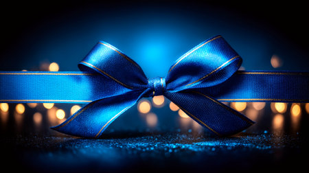 Capture the magic with this elegant blue ribbon bow, perfect for adding a touch of sophistication to any festive celebration. Shimmering surface and bokeh lights enhance the beauty.の素材