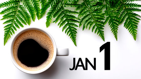 Start the New Year with a fresh perspective! Enjoy a cup of coffee surrounded by lush greenery, symbolizing new beginnings and growth. A perfect image for wellness and lifestyle content.の素材