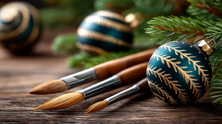 Inspiring scene of artistic holiday preparation, blending creative tools with elegant teal and gold ornaments amidst pine branches on rustic wood, perfect for festive crafting and seasonal projects.の素材